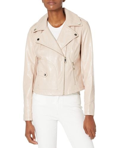Guess Faux Leather Moto Jacket With Snake Embossed Print - White