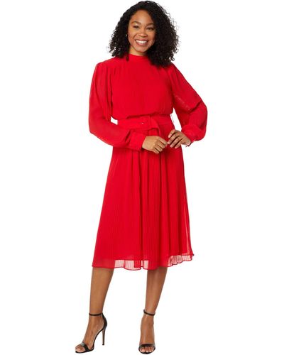 Maggy London Mock Neck Pleated Georgette Dress With Belt - Red
