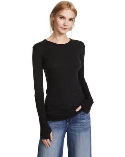 Enza Costa Cashmere Long Sleeve Cuffed Crew With Thumbhole - Black