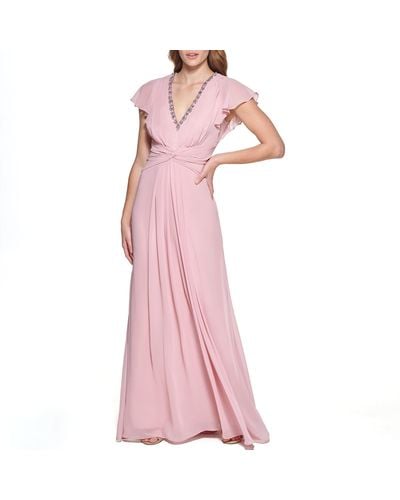 Eliza J Gown Style Twist Waist Chiffon Flutter Sleeve Beaded Vneck Dress - Pink