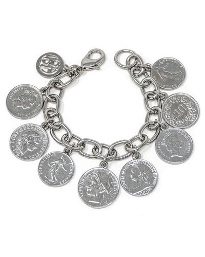 Ben-Amun Simulated Rhodium Plated French Coins Charms Bohemian Bracelet 7 Inch - Metallic
