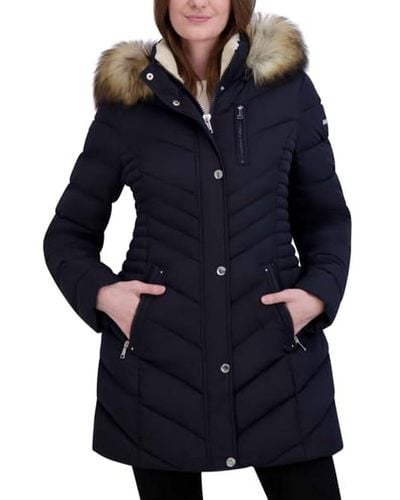 Laundry by Shelli Segal Puffer Jacket With Fur Strip Hood - Blue