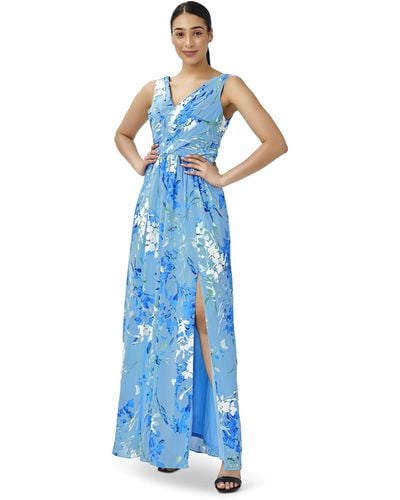 Adrianna Papell Floral Print Sleeveless Gown - Blue