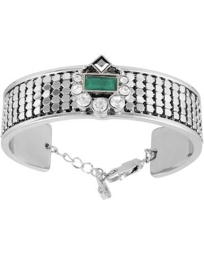 Guess Silver-tone Wide Mesh Chain Cuff Bracelet With Jade And Clear Stone Accents - Metallic