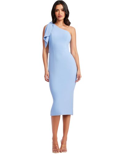 Dress the Population Tiffany Asymmetrical Bow Neckline Bodycon Midi Dress - Blue