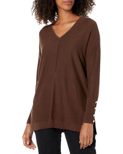 Anne Klein V Neck Long Sleeve Sweater With Buttons - Brown
