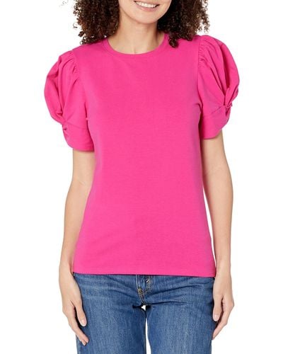 Anne Klein Costal Knit Ss Twisted Puff Slv Top - Pink