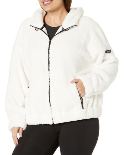 Calvin Klein Plus Rope Detail Oversized Hoodie Sherpa Zip Up Jacket - White