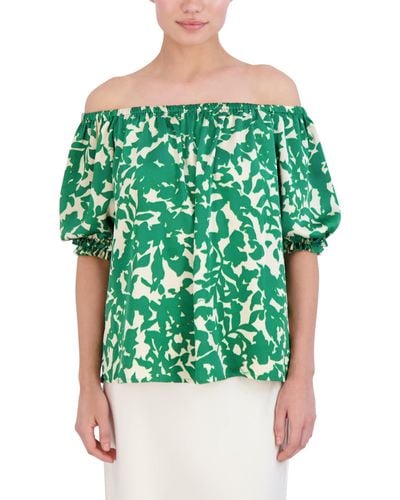 BCBGMAXAZRIA Off The Shoulder Neck Puff Sleeve Pullover Blouse - Green
