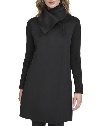 Kenneth Cole Oversized Collar Full Length Wool Blend Jacket - Black
