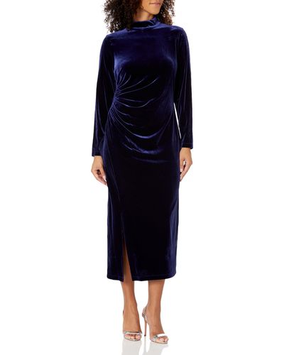 Anne Klein Mock Neck Ruched Midi Dress - Blue