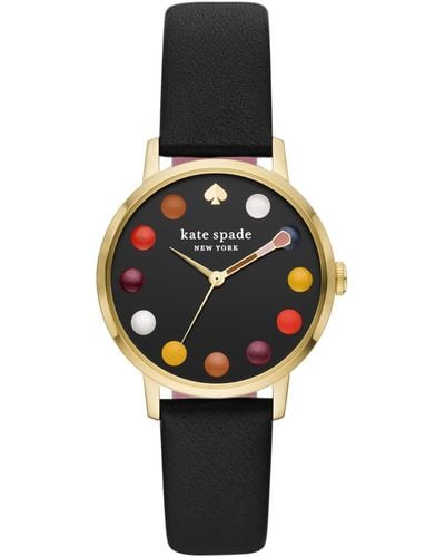 Kate Spade 34 Mm Metro-makeup Dot Dial Leather Watch - Ksw1767 - Black