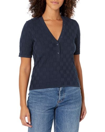 Monrow Ht1352-checkered Sweater Henley S/s Top Dark Denim - Blue