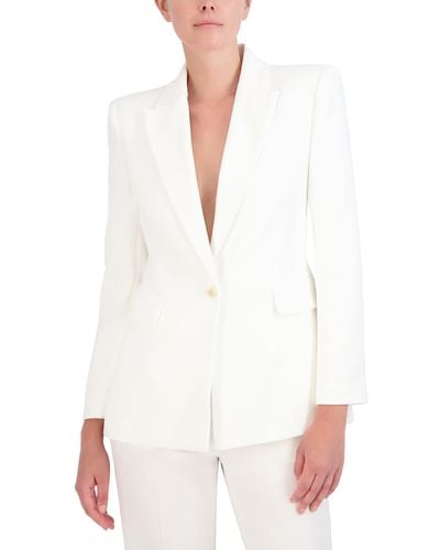 BCBGMAXAZRIA V Neck Long Sleeve Straight Fit Blazer With Front Button Closure - White