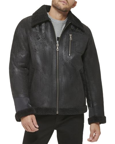DKNY Shearling Bomber Jacket With Faux Fur - Black