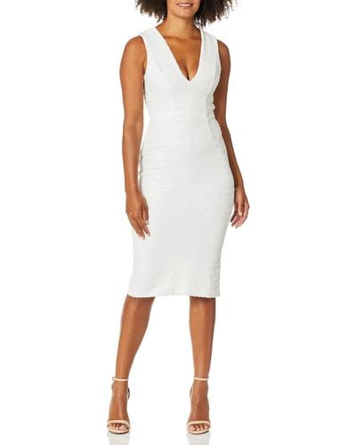 Dress the Population Rani Plunging Sequin Fitted Midi Sleeveless Sheath Dress Dress - White