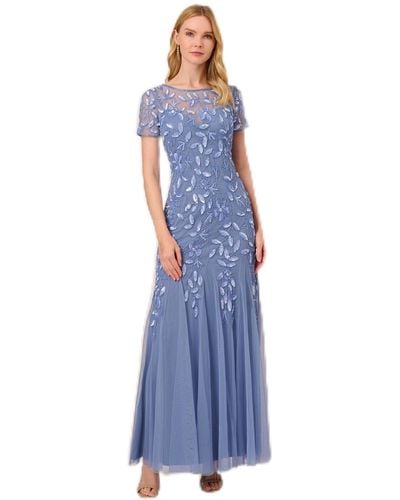 Adrianna Papell Short-sleeve Floral Beaded Godet Gown - Blue