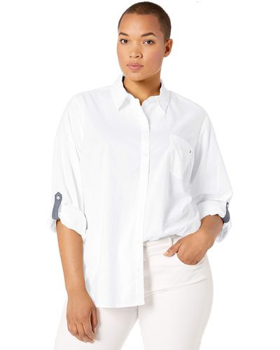 Tommy Hilfiger Plus Button Down Long Sleeve Collared Shirt With Chest Pocket - White