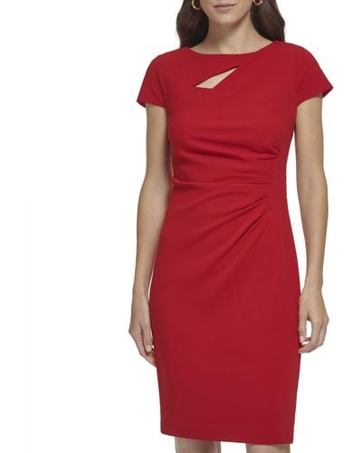 DKNY Sheath Side Ruched Boat Neck Dress - Red