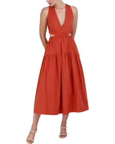 BCBGMAXAZRIA V Neck Sleeveless Elastic Cut Out Waist Maxi Dress - Red