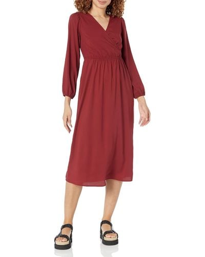 Amazon Essentials Lightweight Georgette Long Sleeve V-neck Midi Dress - Red