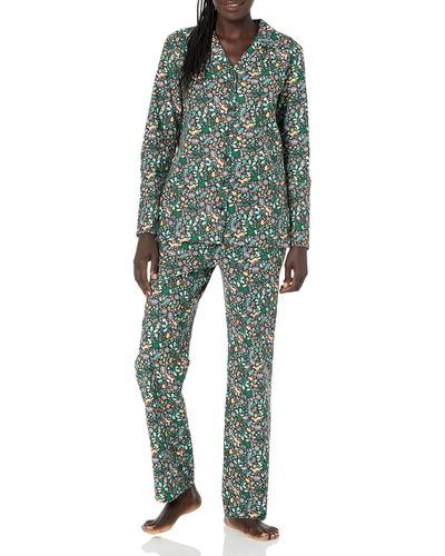 Amazon Essentials Flannel Long-sleeved Button Front Shirt And Pants Pajama Set - Green