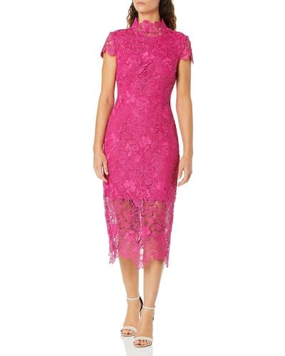Nicole Miller Short Sleeve Fitted Lace Dress With Sheer Skirt Bottom - Pink