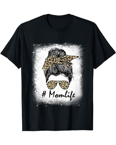 Birkenstock Mom Life Bleached Shirt Mom Life Leopard Messy Bun T-shirt - Black