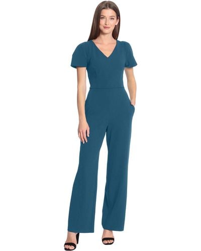 Maggy London Sleek And Sophisticated Crepe Jumpsuit With Puff Sleeves Workwear Event Occasion Guest Of - Blue