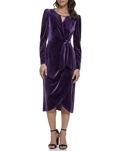 Kensie Gold Hardware Stretch Velvet Long Sleeve Midi Dress - Purple
