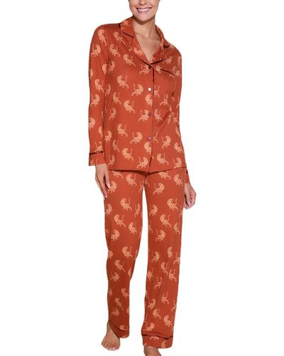 Cosabella Plus Size Bella Printed Long Sleeve Top & Pant Pajama Set - Red