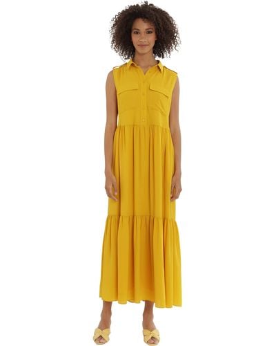 Maggy London Petite Sleeveless Tiered Maxi Shirtdress With Utility Breast Pockets - Yellow