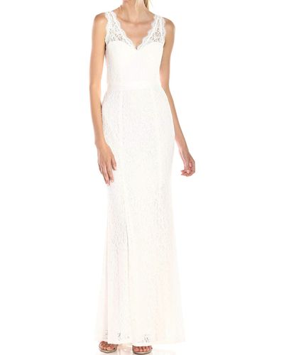 Adrianna Papell Sleeveless Lace Gown With Illusion V-neckline - White