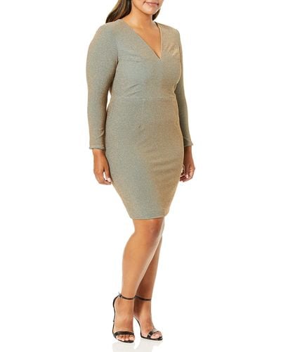 Dress the Population Plus-size Riley Long Sleeve Plunging Short Cocktail Dress Plus Dress - Gray