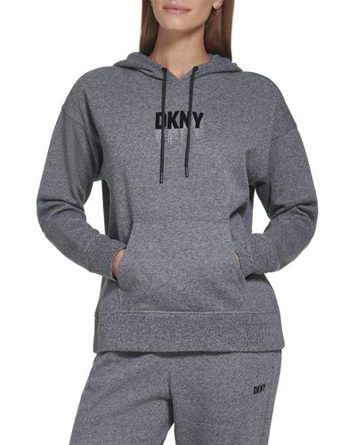 DKNY Ivory Cotton Blend Ribbed Pocketed Attached Hood Drawstring Long Sleeve Hoodie Sweater - Gray