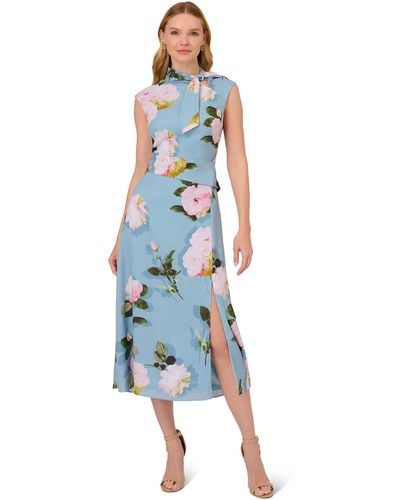 Adrianna Papell Floral Printed Tie Neck Dress - Blue