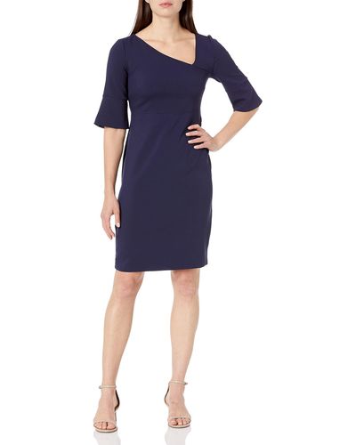 Lark & Ro Half Sleeve Asymmetric V Neck Sheath Dress - Blue