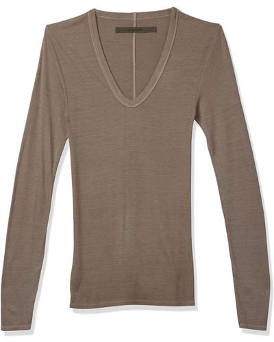 Enza Costa Stretch Silk Rib Fitted Long Sleeve U-neck Top - Natural