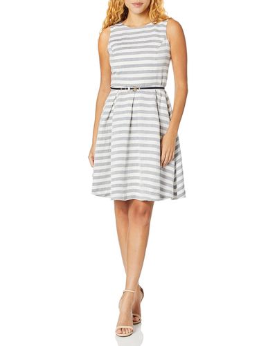 Nine West Striped Fit And Flare Dress With Self Belt - Multicolor