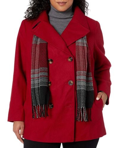 London Fog Double Breasted Peacoat With Scarf - Red