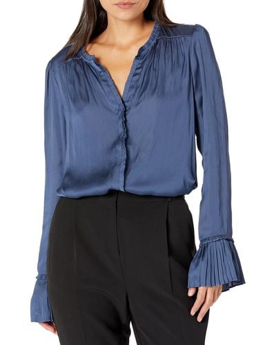 PAIGE Palma Blouse Long Sleeve Button Down Ruffle Placket In Amethyst - Blue