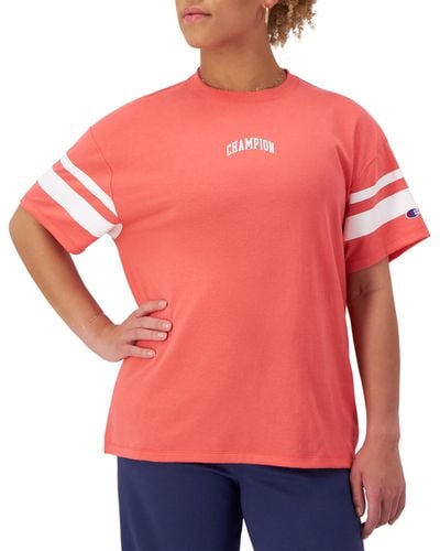 Champion , Classic Oversized T, Soft And Comfortable Tee Shirt For , High Tide Coral Stripe Arched, Medium - Red