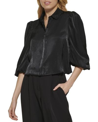 DKNY Puff Button Front Long Sleeve Top - Black