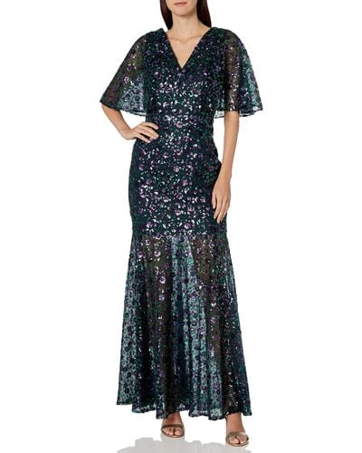 Dress the Population Lourdes Flutter Sleeve Sequin Lace Long Gown Dress Dress - Blue