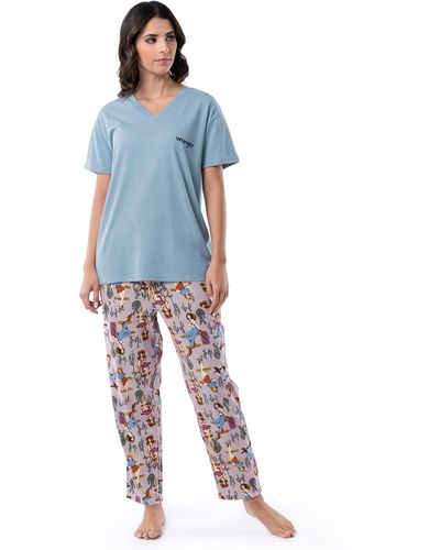 Wrangler V-neck Short Sleeve Graphic Tee And Printed Pants Pajama Sleep Set - Blue