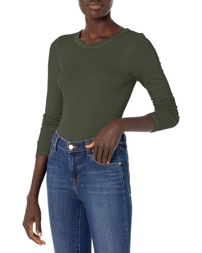 Enza Costa Womens Rib Fitted Long Sleeve Crew Neck Top T Shirt - Green