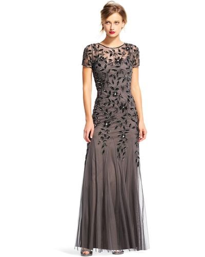 Adrianna Papell Floral Beaded Godet Gown - Gray