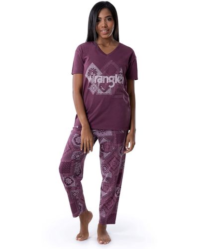 Wrangler V-neck Short Sleeve Graphic Tee And Printed Pants Pajama Sleep Set - Purple