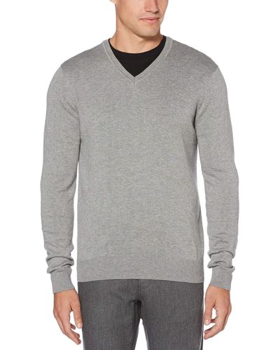 Perry Ellis Mens Classic Solid V-neck Sweater - Gray