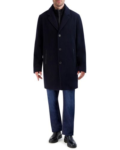 Cole Haan Car Coat With Rib Knit Bib And Faux Leather Detail - Blue